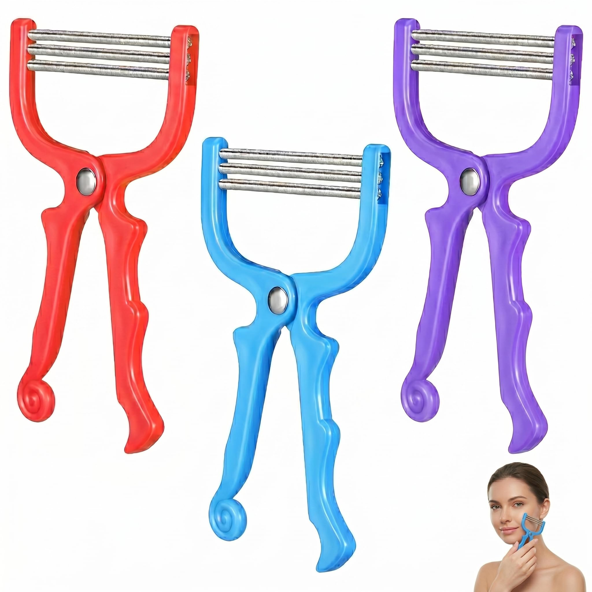 3-Pack Facial Hair Epilator Spring Tool Painless Root Remover for Upper Lip, Chin, Cheeks & Forehead Manual Threading Device for Women & Men