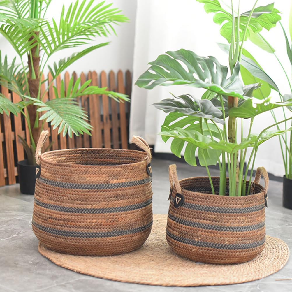 Zerodeko Woven Storage Baskets Straw Planter Basket Toy Blanket Organizer Seagrass Laundry Large Wicker Plant Tree for Dirty Clothes Pillows