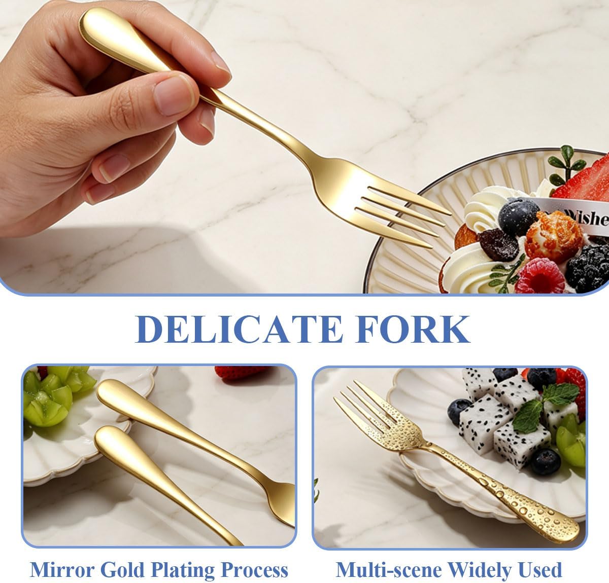 Gold Dessert Forks Set of 12pcs 5.5“ Berglander Titanium Golden Plating Stainless Steel Cake Fork Appetizer Small Forks for Dessert, Cake,Fruit, Cheese, Party, Restaurant, Cafes Dishwasher Safe