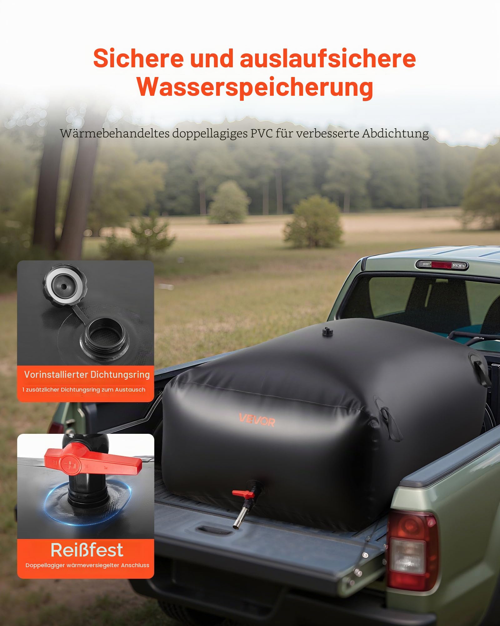 VEVOR Wasserspeicherblase, 540 L PVC-Weichwasserbeutel, Wasserspeicherbehälter, auslaufsicherer & verschleißfester Wassertank für die Outdoor-Bewässerung von Wohnmobil, LKW, Notfall