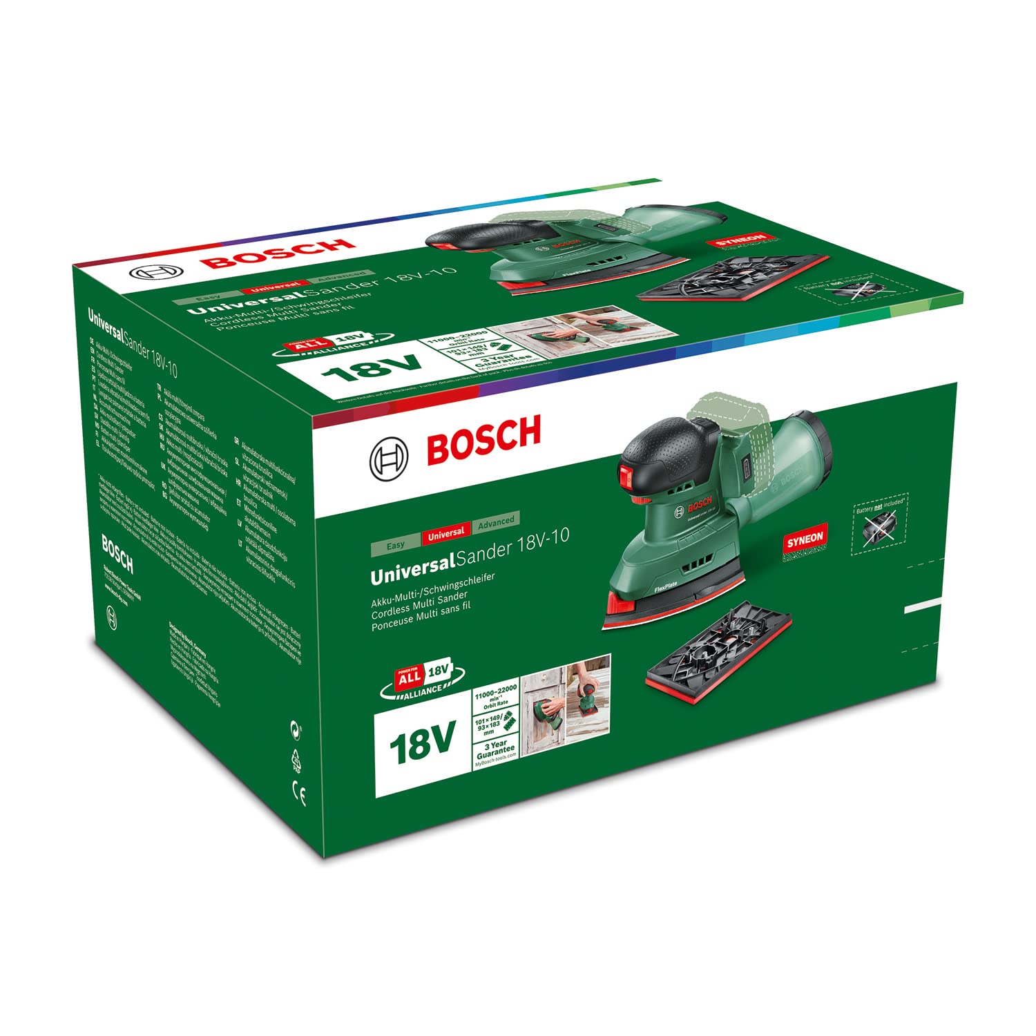 Bosch lijadora a batería UniversalSander 18V-10 (sin batería; sistema de 18 voltios; para bricolaje en madera; con 32 papeles de lija; en embalaje de cartón) – Edición para Amazon