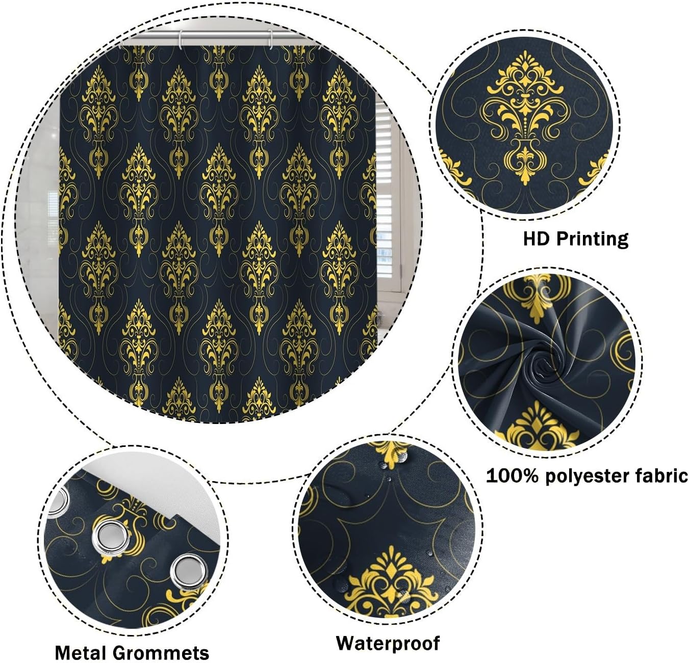 Baroque Damask Floral Pattern Shower Curtain 72x78 Inch Gold Antique Elegance Flower European Luxury Bath Curtain Set with Hooks Waterproof Polyester Fabric for Bathroom Decor