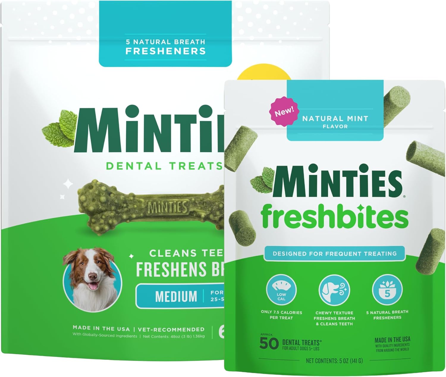 Minties Dental Chews for Dogs, 60 Count + Minties FreshBites Soft and Chewy Dental Treats for Dogs, 50 Count