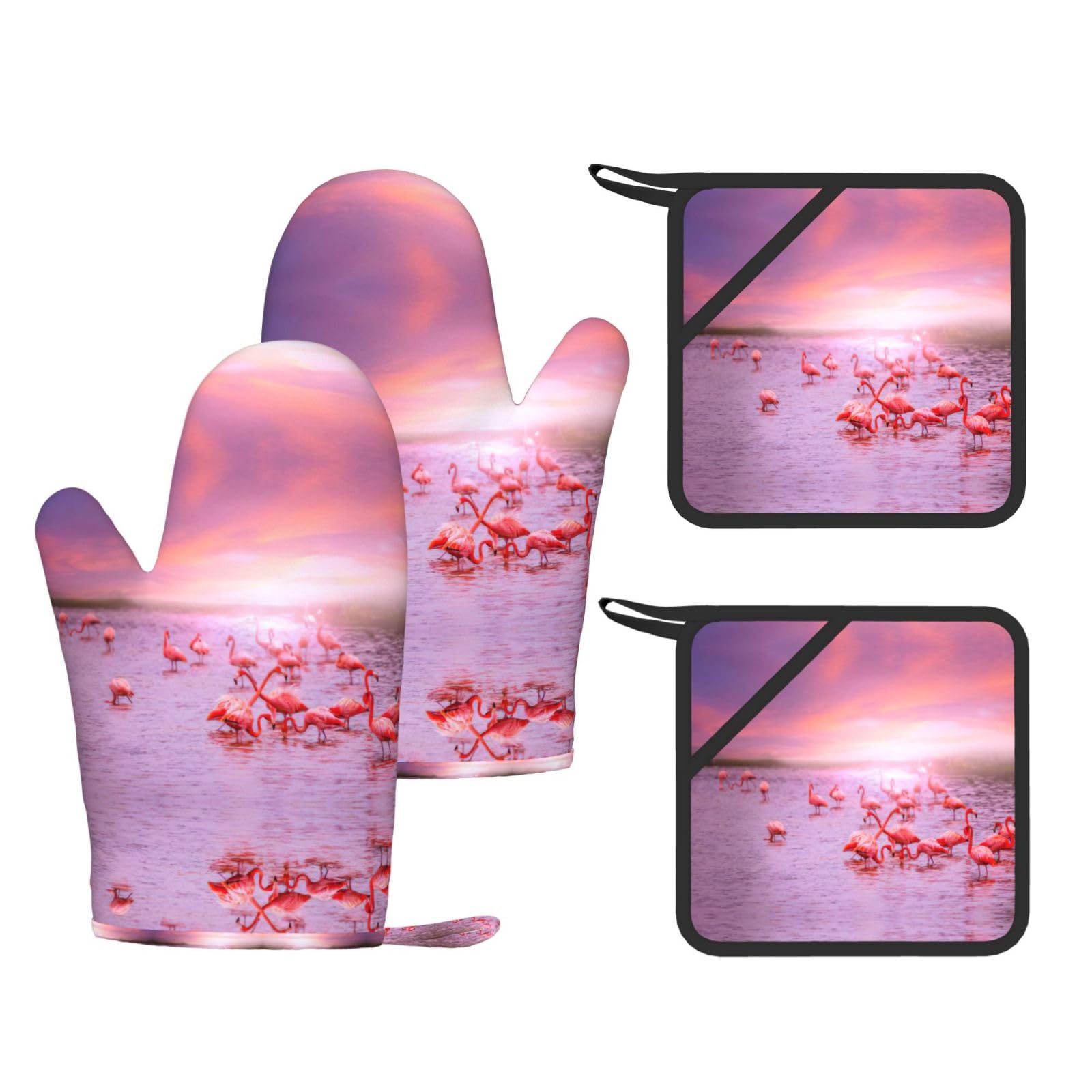 pink flamingos Trendy Printed Kitchen Set with Heat Resistant Gloves & Non-Slip Hot Pads for Baking & Grilling