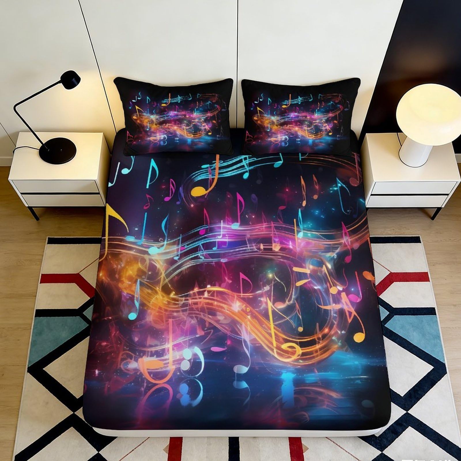 3D Printed Music Notes Fitted Sheet Microfiber Vibrant Abstract Bed Cover for Bedroom Dorm Mattress Protection Decor 90x200x25cm