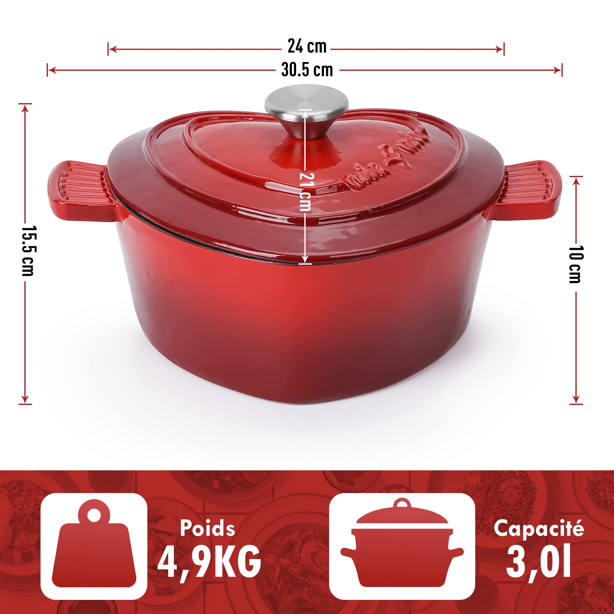MIAMIO - Four Hollandais en fonte émaillée en forme de cœur, pot antiadhésif/Cadeau pour Noël, convient à tous les types de chaleur (3 L, 24 cm)