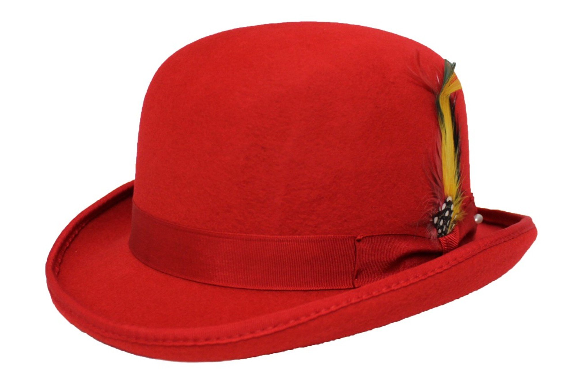 MAZ Unisex Hard Top Wool Bowler Hat With Feather Satin Lined Sizes S to XL