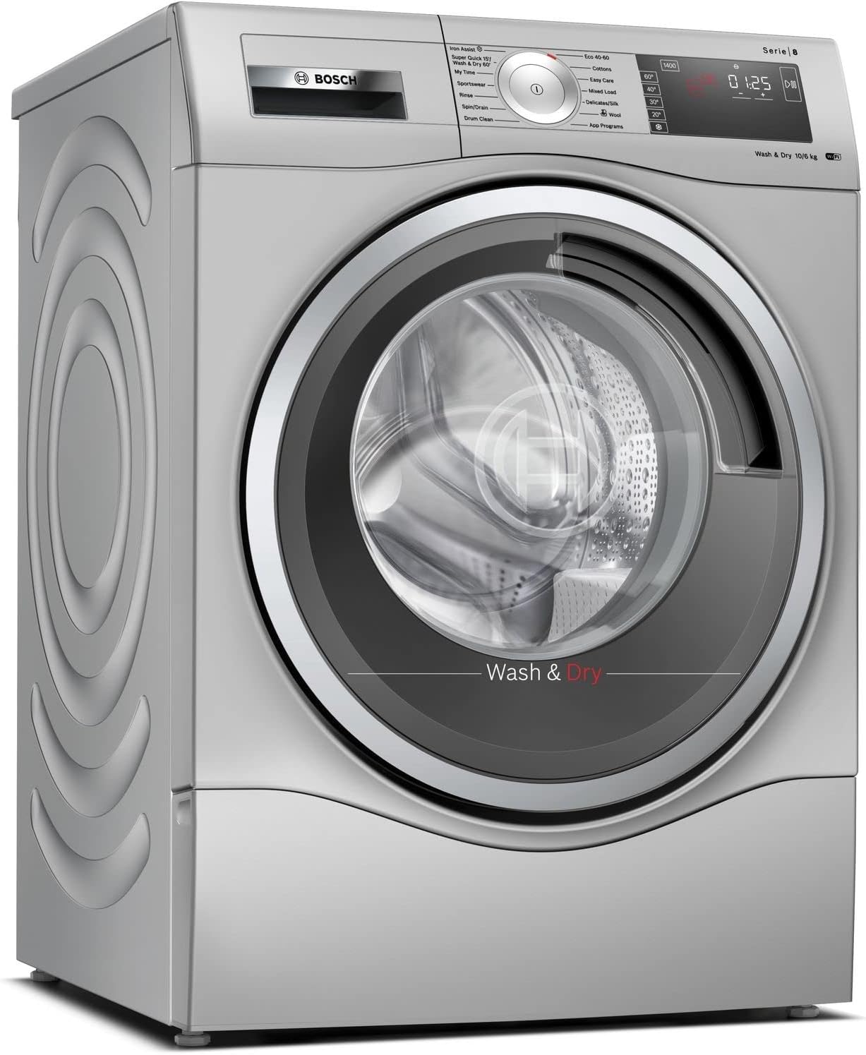 Bosch Home & Kitchen Appliances Bosch Series 8 WDU8H549GB Washer Dryer with 10kg Washing and 6kg Drying Capacity, IronAssist, Wash & Dry 60, Freestanding, Silver [Energy Class D]