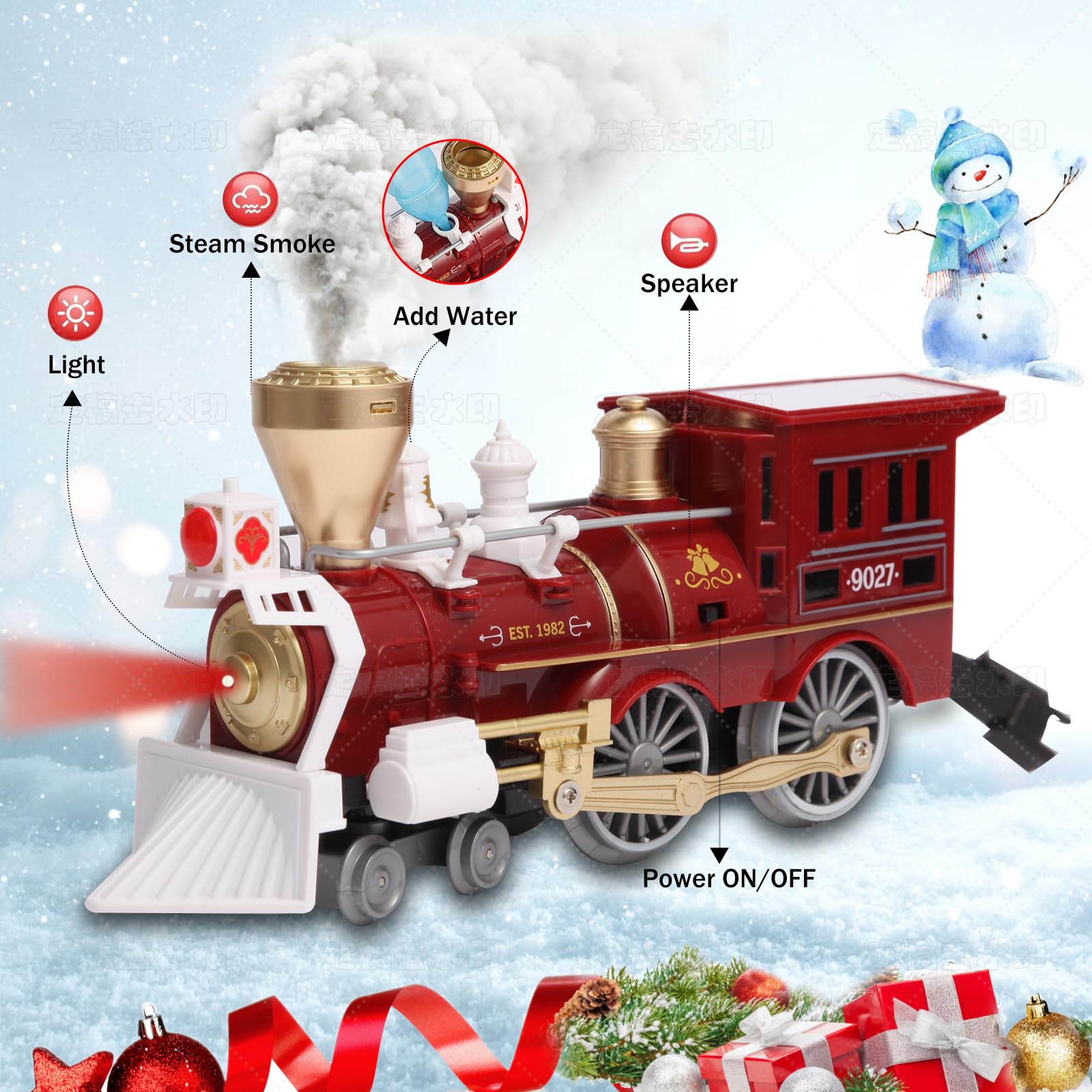 Christmas Train Set, Train Toy with Remote Control, Toy Train Set Under The Christmas Tree with Sounds, Lights and Smoke, Christmas Toy Gift for Toddler 3 4 5 6 7 8 Years