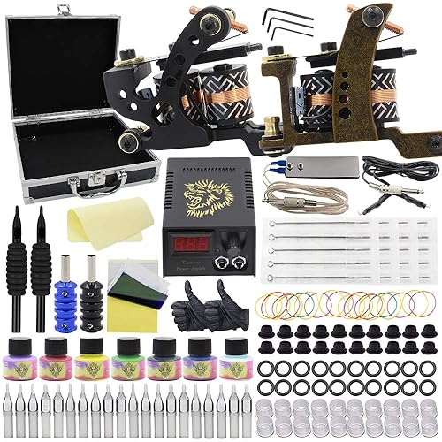 Kit de tatuaje Autdor - Kit completo de máquina de tatuaje que incluye ametralladora de tatuaje de 7 colores agujas de tatuaje puntas de tatuaje