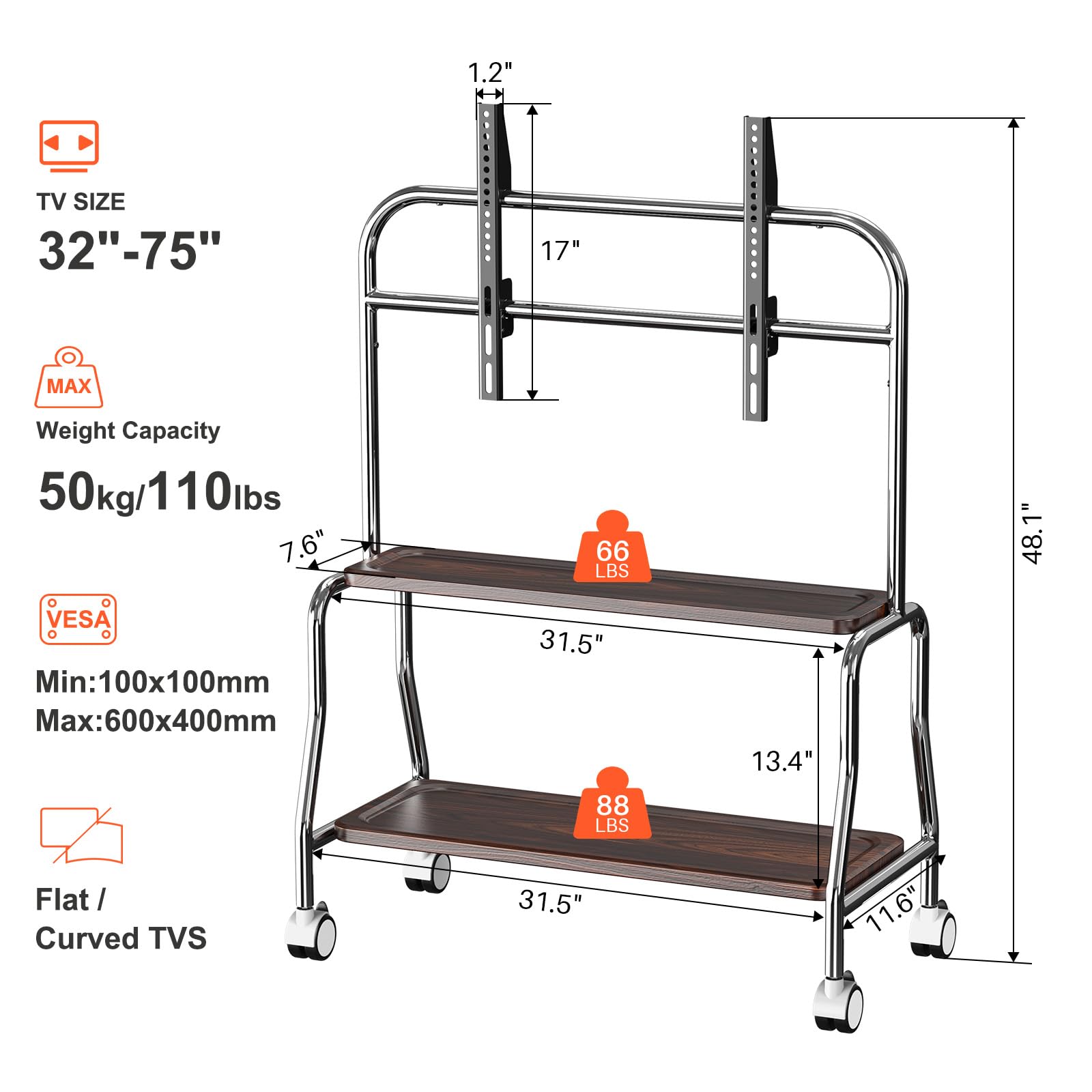 Carrello porta TV mobile, cavalletto, supporto TV con ruote per schermi piatti LCD, LED, OLED da 32 a 75 pollici, in acciaio inossidabile con ruote, capacità massima 49,9 kg, VESA 600 x 400 mm