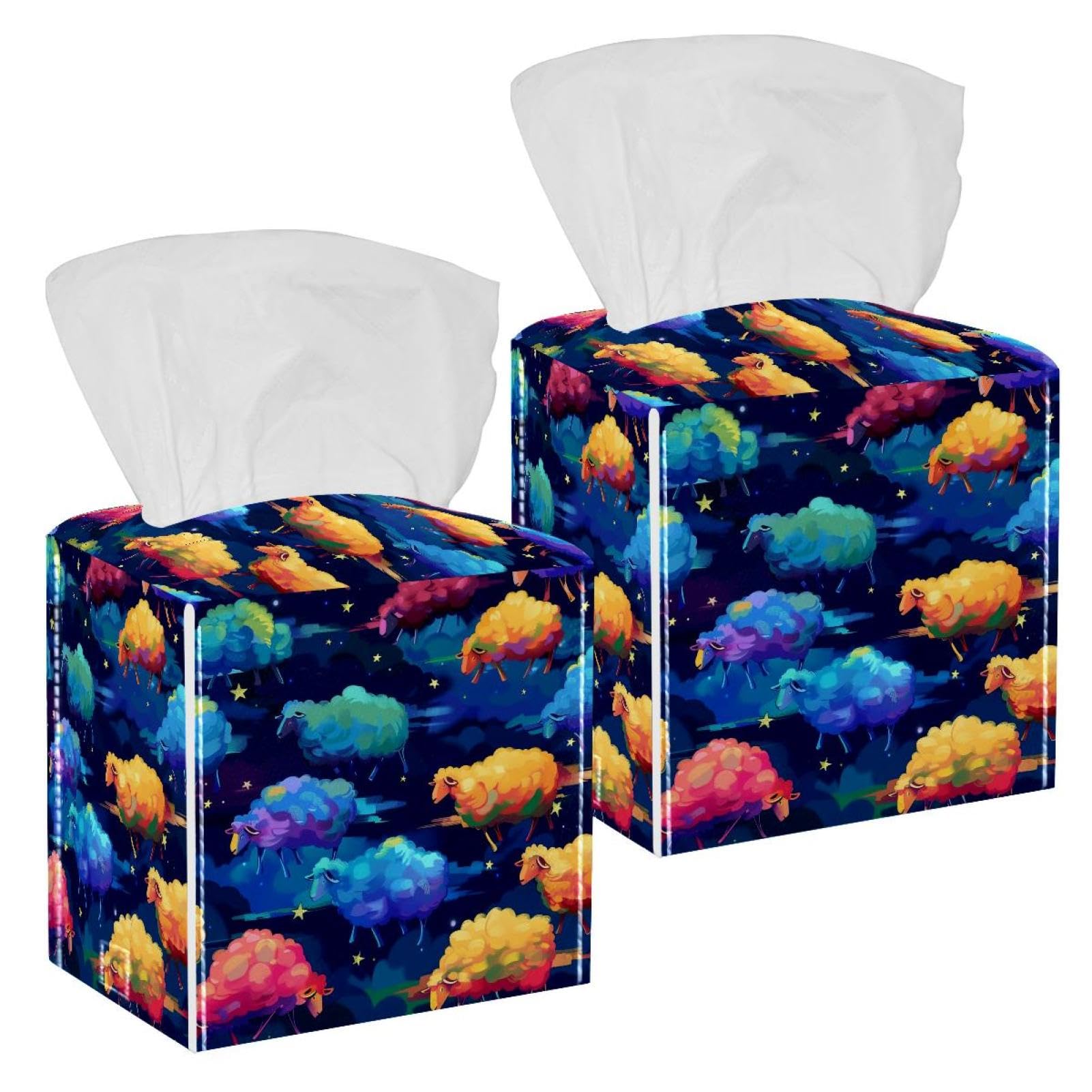 Colorful Cloud Sheep Tissue Box Cover, 2 Pack PU Leather Square Facial Tissue Dispenser Box holder for Home Office Car