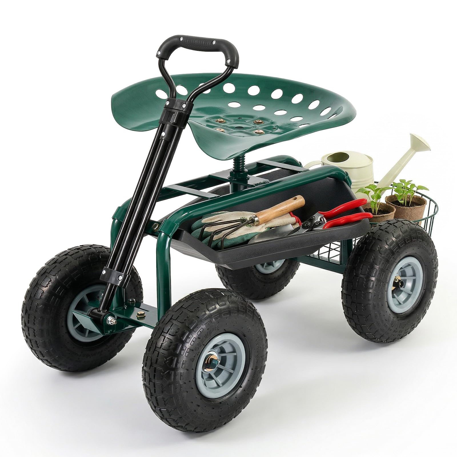 Sekey Gartenrollsitz mit Griff & Ø 25,5cm Reifen - Fahrbarer Rollsitz für Gartenarbeit bis 180kg - 360° Drehbarer Gartensitz zum Ernten & Beschneiden - Gartenhelfer mit Korb für Hof & Garten