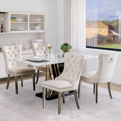 Miniatura 27 de Juego de 6 sillas de comedor de terciopelo, sillas de comedor tapizadas acolchadas con ribete de tachuelas y patas de madera maciza para cocina,