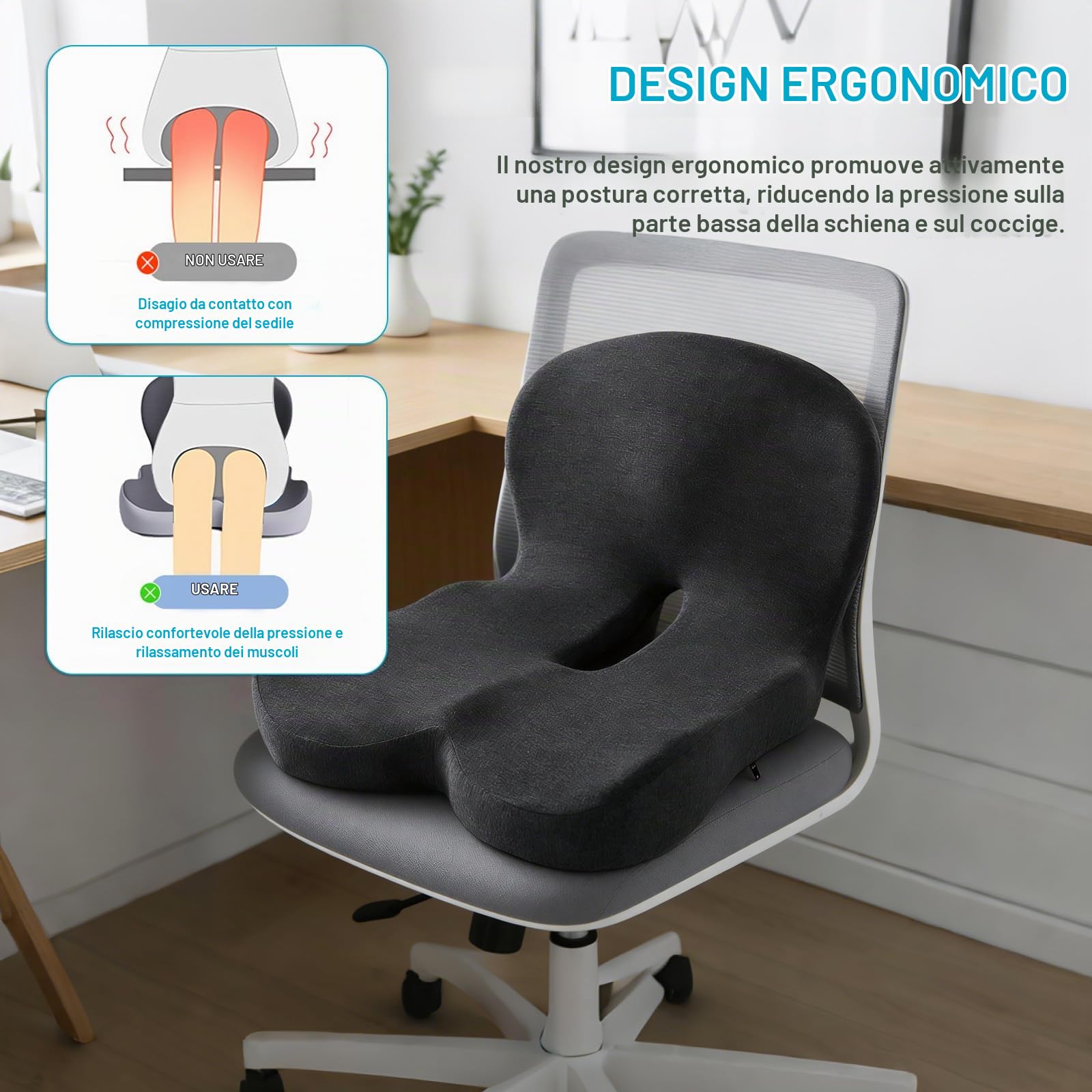 iFCOW Cuscino di seduta in memory foam e supporto lombare, ergonomico a forma di L, con supporto lombare antiscivolo, per autisti di casa, ufficio, auto