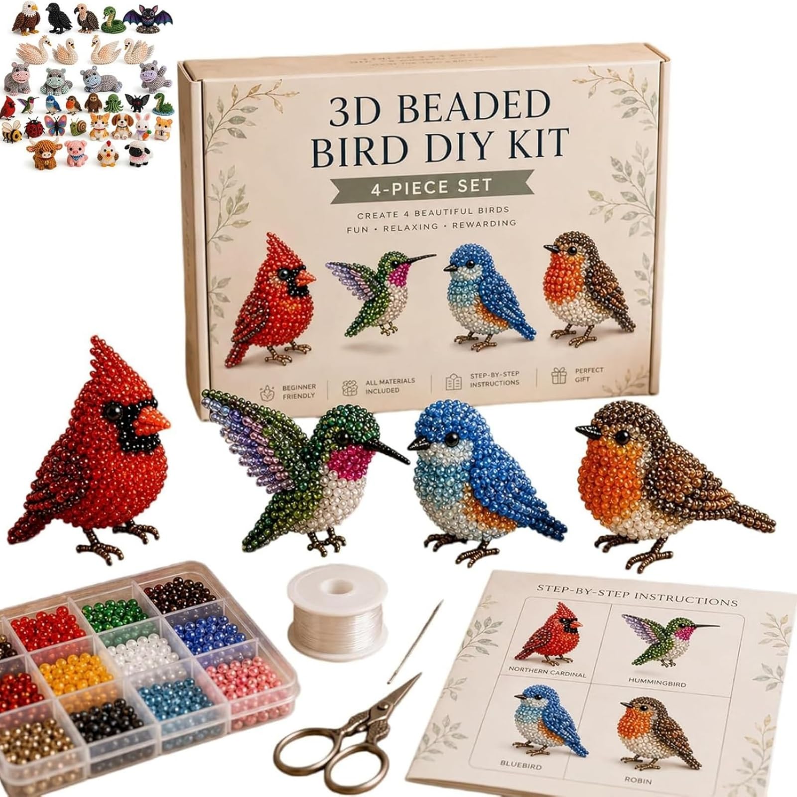 Tiny 3D Beaded Animal DIY Kit, Animal Beading Kit, 4 Cute Designs, 3D Animals Themed Beadwork Set for Beginners & Craft Enthusiasts, with Instructions (Backyard Birds)