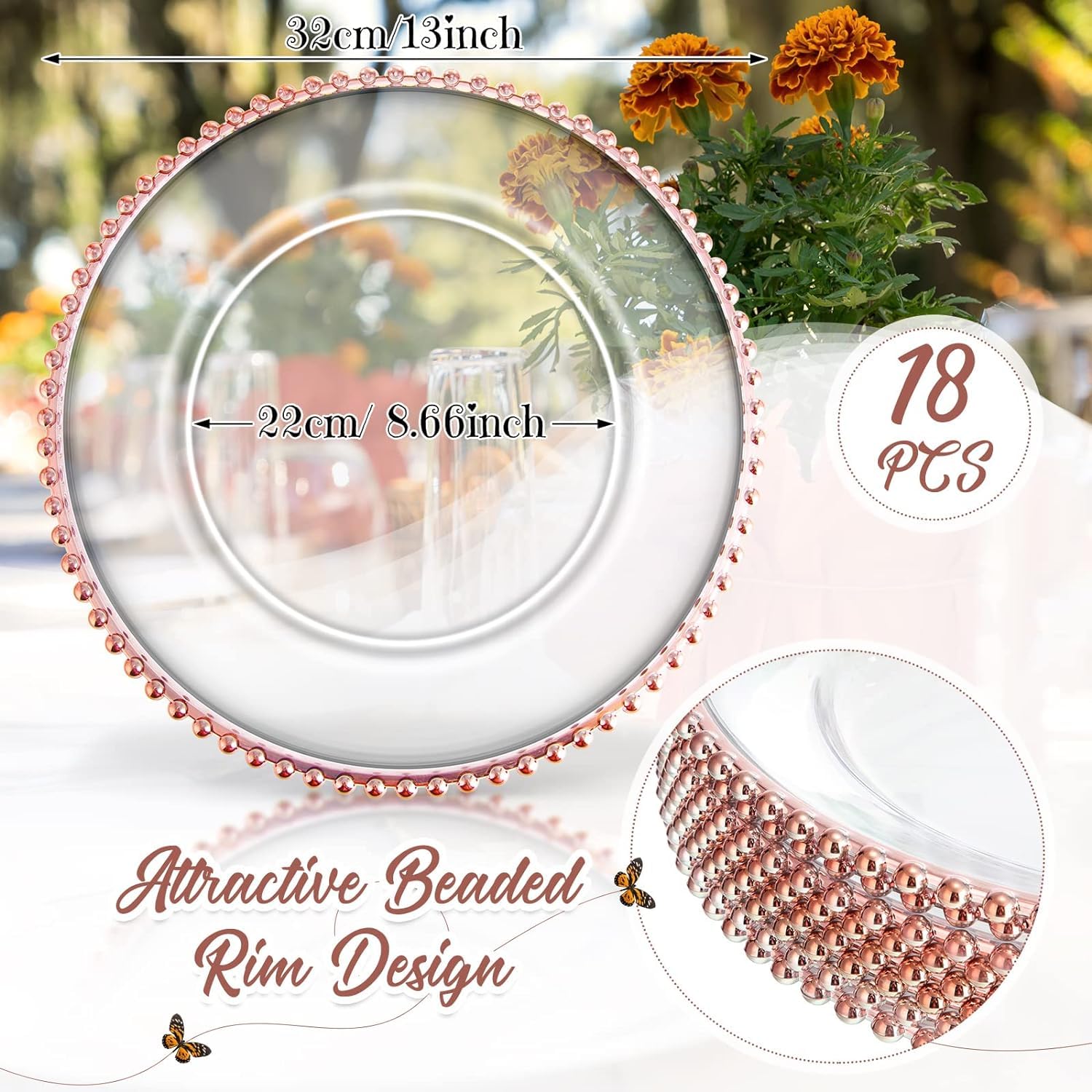 50 PCS Clear Charger Plates with Beaded Rim 13 Inch Plastic Round Charger Plates Bulk Acrylic Round Dinner Plate Chargers Decorative Plates for Home Kitchen Party Wedding Tabletop Decor(Rose Gold)