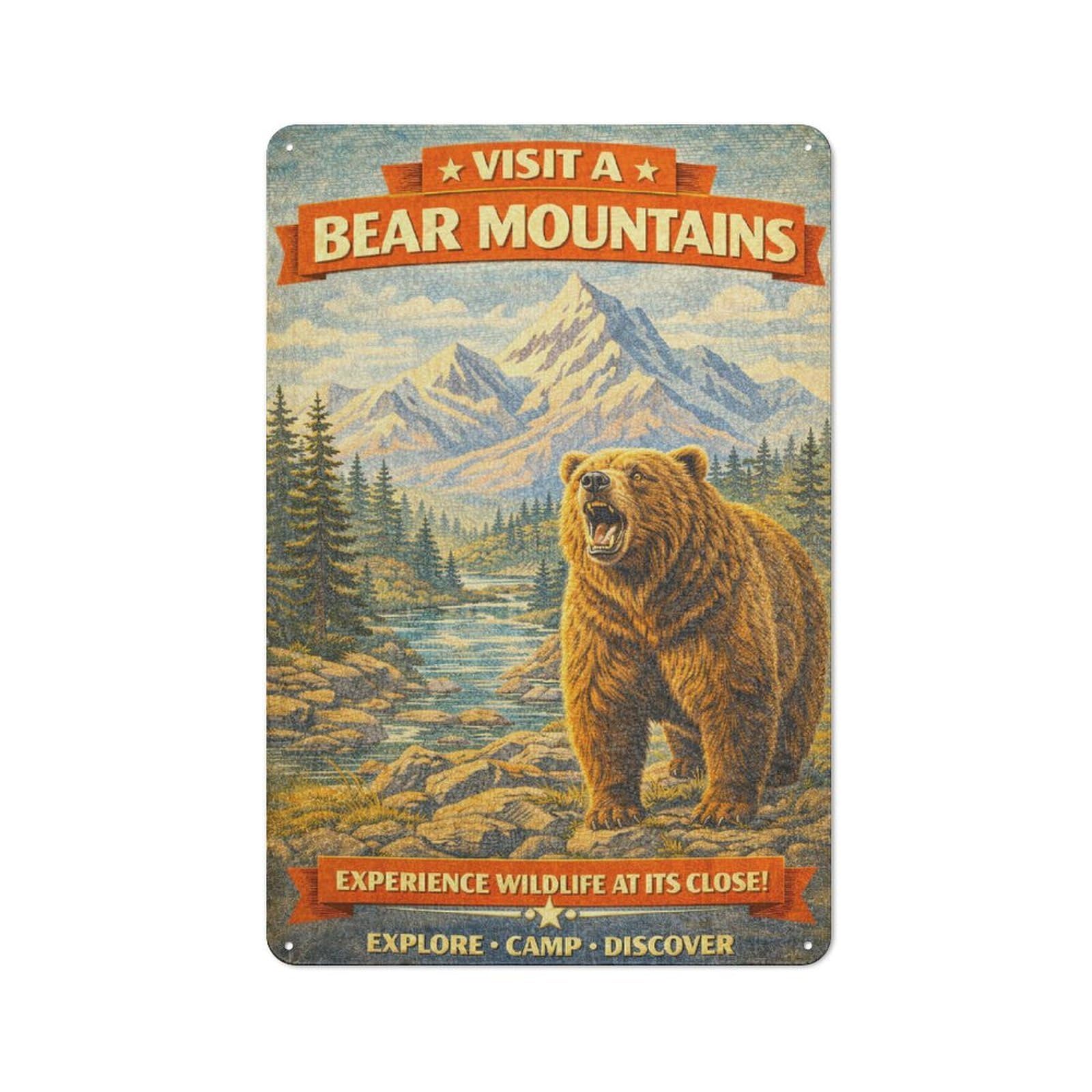 Junmoney Style-2 Understated Visit Bear Mountains Vintage Metal Wall Plaque 30X20cm, Creative Space Decor For Office, Study, Studio Or Hallway