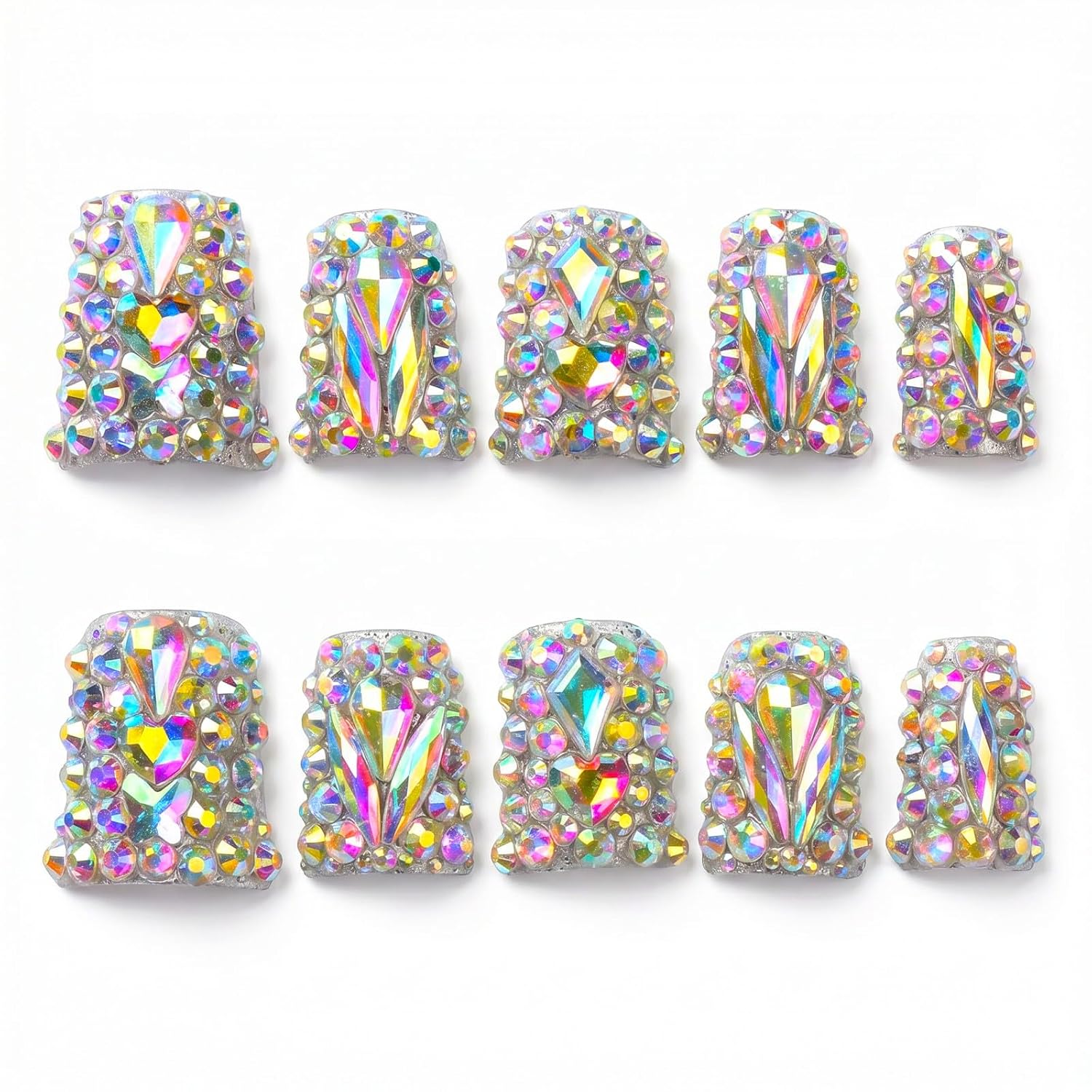 Handmade Press on Nails Medium Duck - Full Cover Rhinestone Flared Fake Nails, Luxury Bling Crystal Jewelry Acrylic False Nails, 10 Pack for Women (Size M)