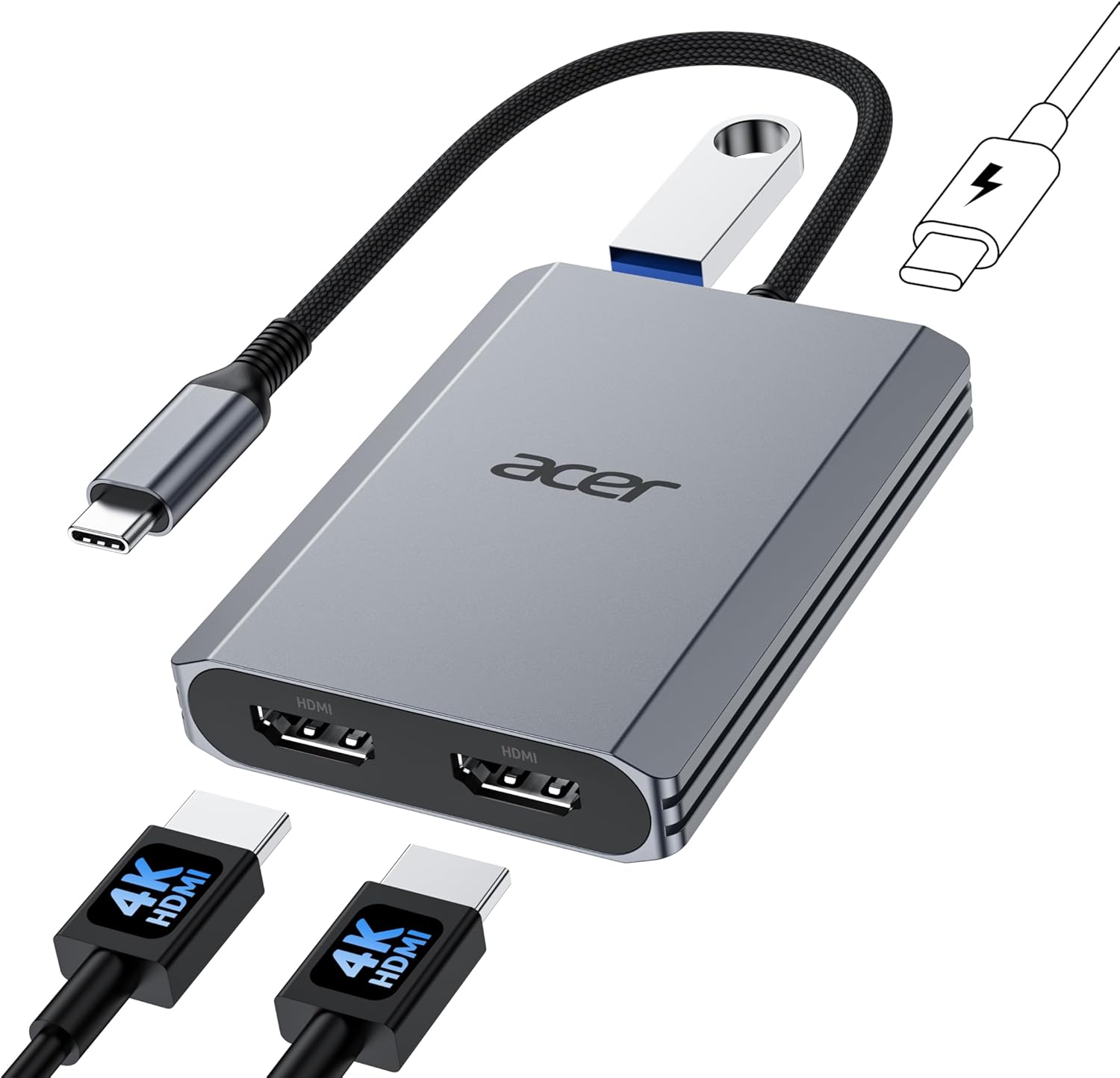 Acer USB C to Dual HDMI Adapter 4K@60Hz, 4-in-1 USB C Hub Multiport Adapter with 100W PD, USB 3.0, Docking Station Dual Monitor, Compatible with Acer, MacBook Air/Pro, Dell XPS, HP, etc