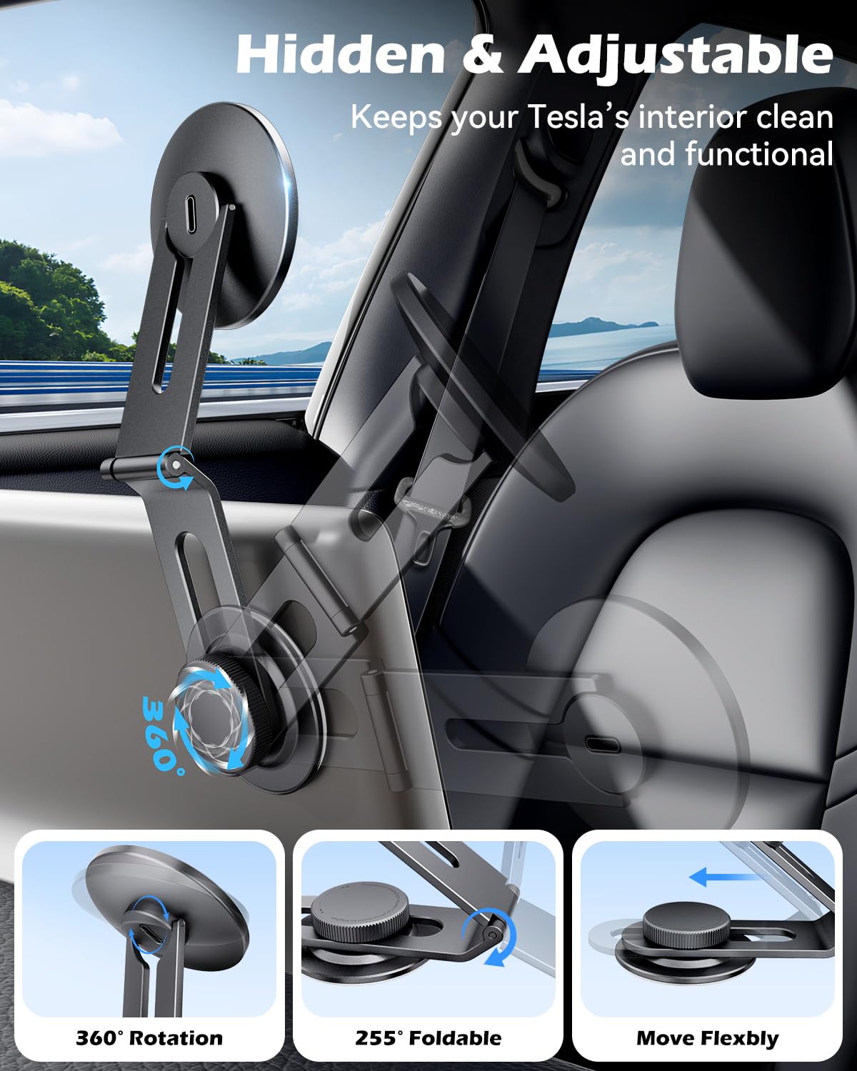 CloudValley Supporto per telefono 15W con ricarica integrata per Tesla Model 3/Y/Juniper/Cybertruck, supporto magnetico metallico auto ruotabile a 360°, design pieghevole ed estensibile a scomparsa