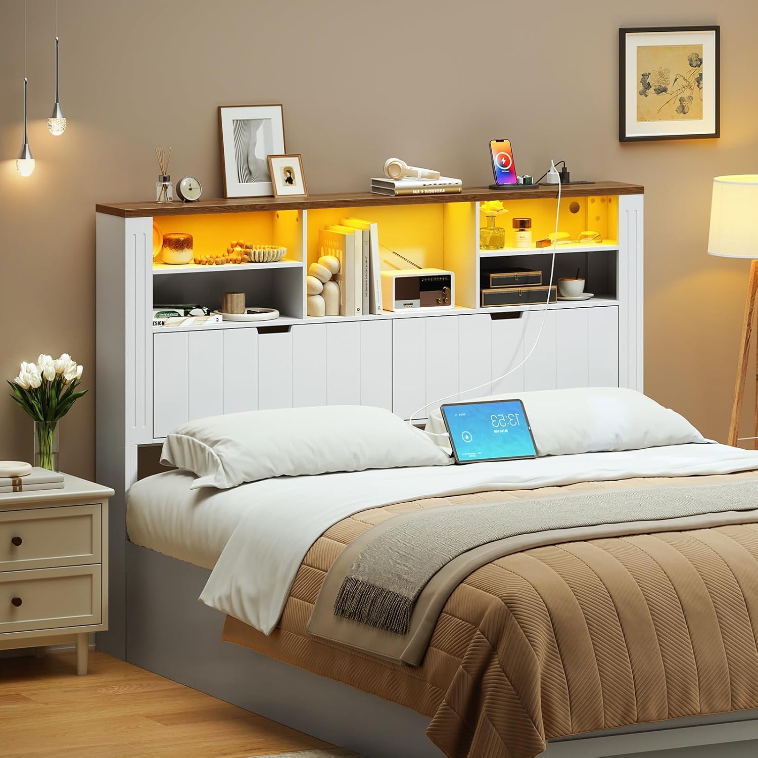 HOOBRO Headboard for Queen Size Bed with Storage, Bookcase Queen Headboard with Charging Station and LED Lights, Farmhouse Headboard Queen Size with Barn Doors and Hidden Storage, White and Walnut