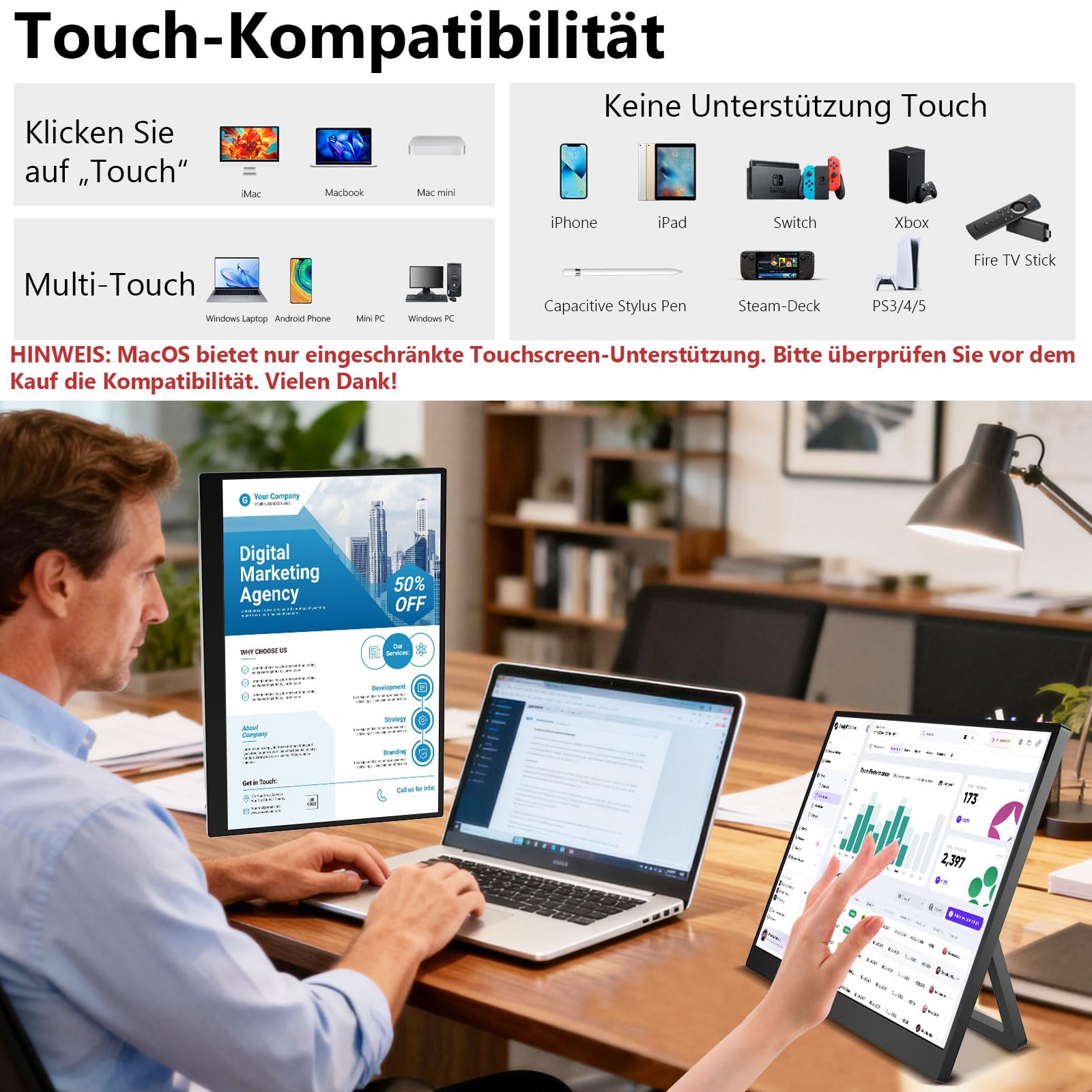 15,3 Zoll 10-Punkt Touchscreen Monitor, Tragbarer Homeoffice Zweitbildschirm IPS 1920x1200, Stereolautsprecher, USB-C EIN-Kabel u. HDMI für Laptop Smartphone Switch, Augenschutz