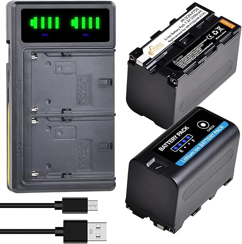 Miniatura 1 de Pickle Power Batería NP-F750, paquete de 2 baterías NP-F770 de 5200 mAh con indicadores de alimentación LED y cargador dual para Sony NP-F970 F750