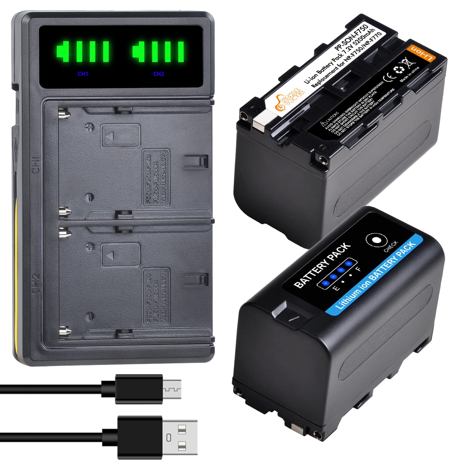 Pickle Power NP-F750 Battery, 2Pack NP-F770 5200mAh Battery with LED Power Indicators and Dual Charger for Sony NP-F970 F750 F960 F530 F570 CCD-SC55 TR516 TR716,for YONGUO Godox LED Video Light