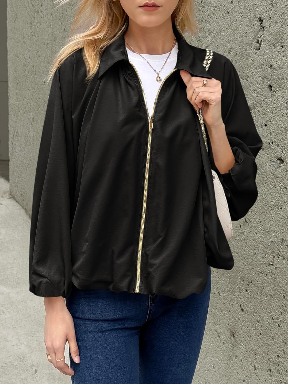 Tankaneo Womens Bomber Jackets Oversized Batwing Sleeve Zip Up Puffed Jacket Lapel Collar Pleated Outerwear