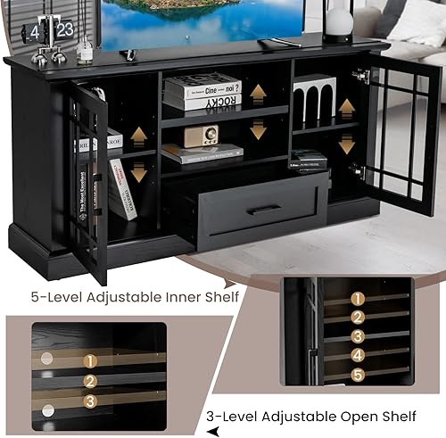 Miniatura 7 de LOKO Armario de TV de 62 pulgadas, mesa consola multimedia con 2 armarios y cajones de puerta de cristal, para televisores de hasta 70 pulgadas,