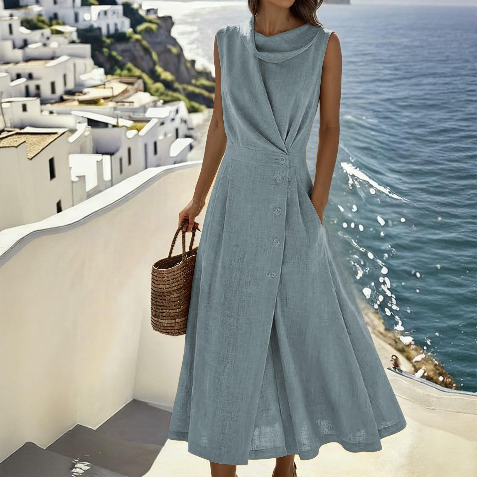 Generico Vestito Lino Donna Estivo Lungo Senza Maniche con Bottoni Vestiti Mare Curvy da Spiaggia Abito Casual Leggero Traspirante Abiti Elegante Stile Francese per Hawaiano Vacanze Viaggio Uscite,