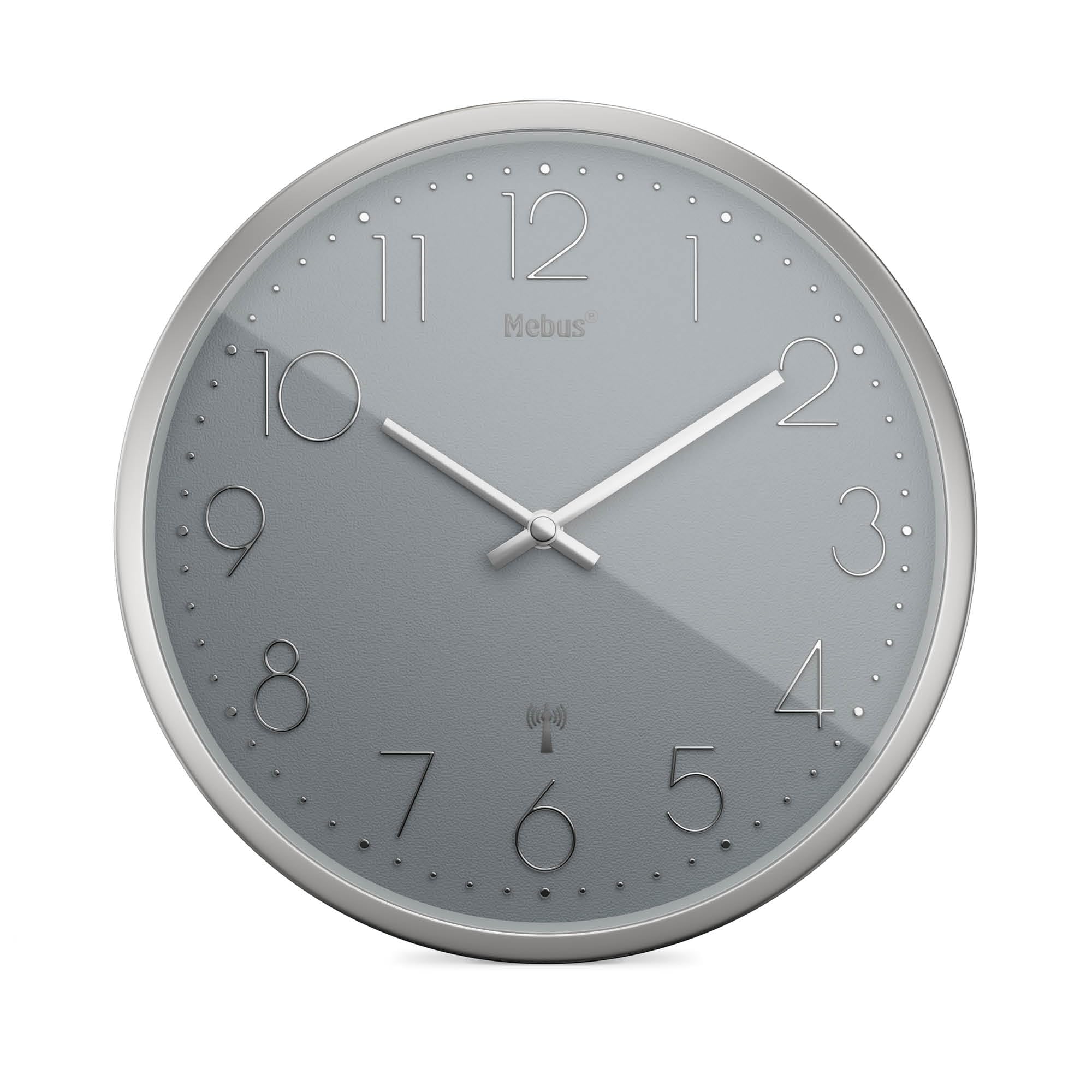 Mebus TinyTime Radio-Controlled Wall Clock without Ticking Noises Diameter 25 cm Modern Dial in Grey Silver Case