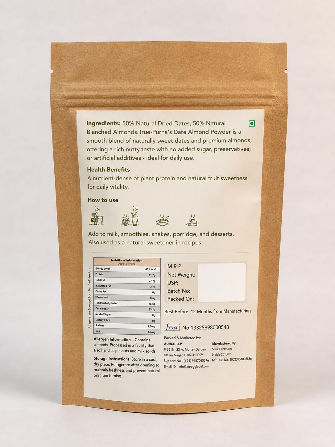 True-Purna Date Almond Powder 1 kg | Natural Sweetener & Milk Booster | No Added Sugar | High Protein Nutrition Mix | Brown | Vegetarian