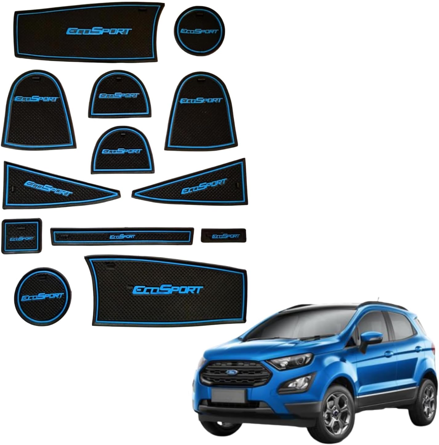 Car Drome | Door Cup Mat Set for Ford EcoSport 2018 to 2021 Models Only | Premium Non Slip Rubber Inserts | Custom Fit 13 Pieces | Blue Trim Interior Car Accessories | Dustproof Waterproof
