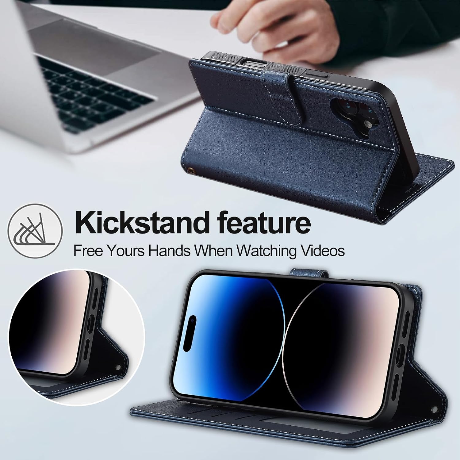 Smartphone Flip Cases Detachable Case For iPhone 16 Wallet Case with Card Holder Premium PU Leather Magnetic Case with Kickstand Shockproof Wrist Strap Removable Flip Protective Cover(Blue) image 4