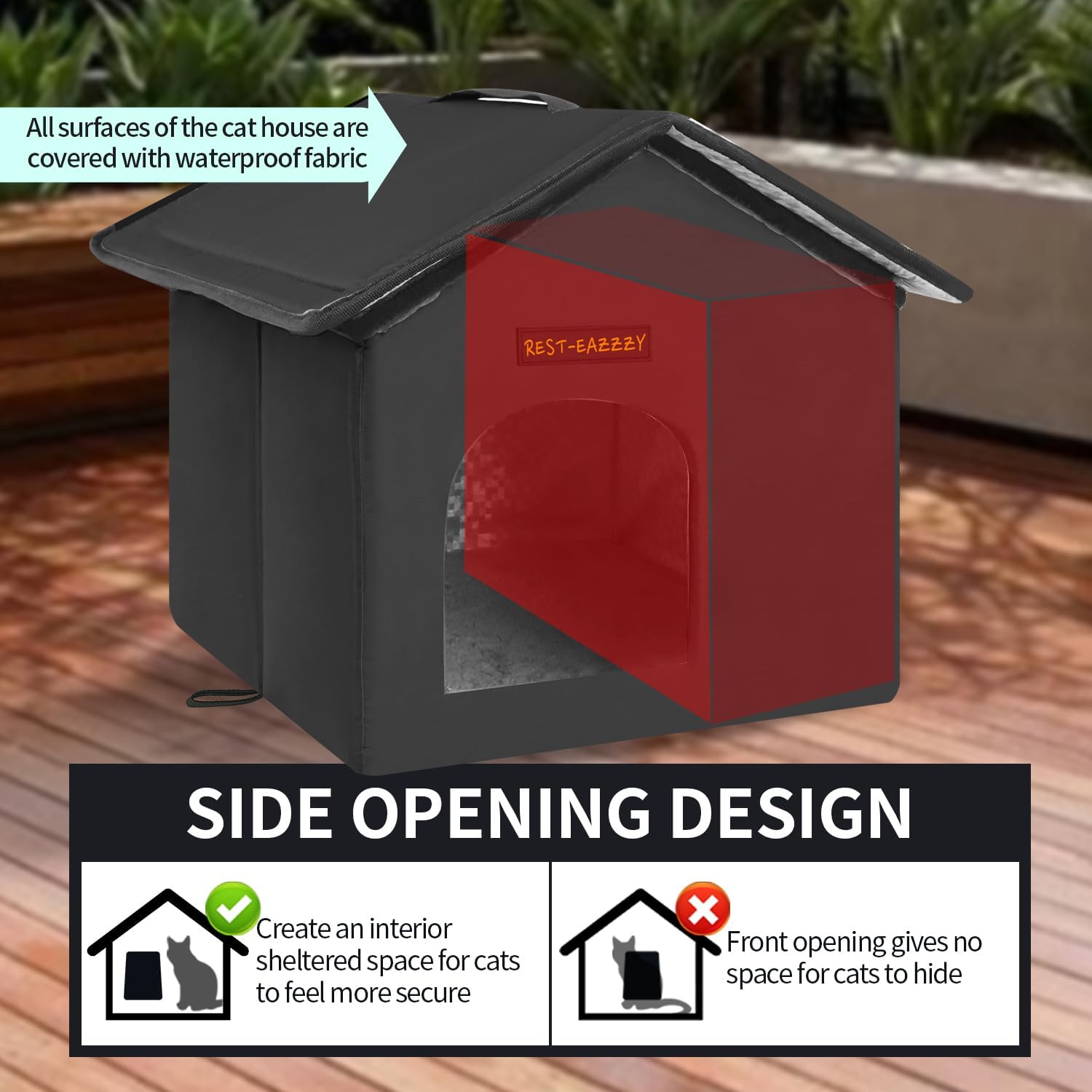 Rest-Eazzzy Cat House for Outdoor Cats, Weatherproof and Insulated Feral Cat House with Mat and Clip, Easy to Put Together, Selfwarming Cat Shelter for Winter, Never Blow Away (Black, House X 2)
