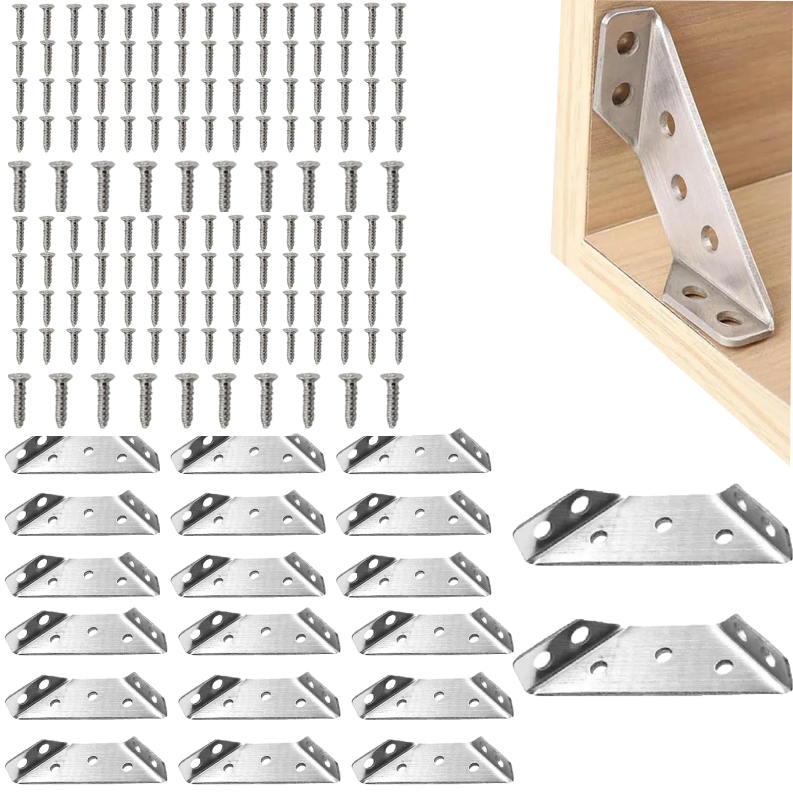 10/20PCS Corner Bracket | Universal Angle Brackets with 70 Screws | Stainless Steel Angle Brackets for Wood | Triangle Metal Brackets for Furniture Corner Connect