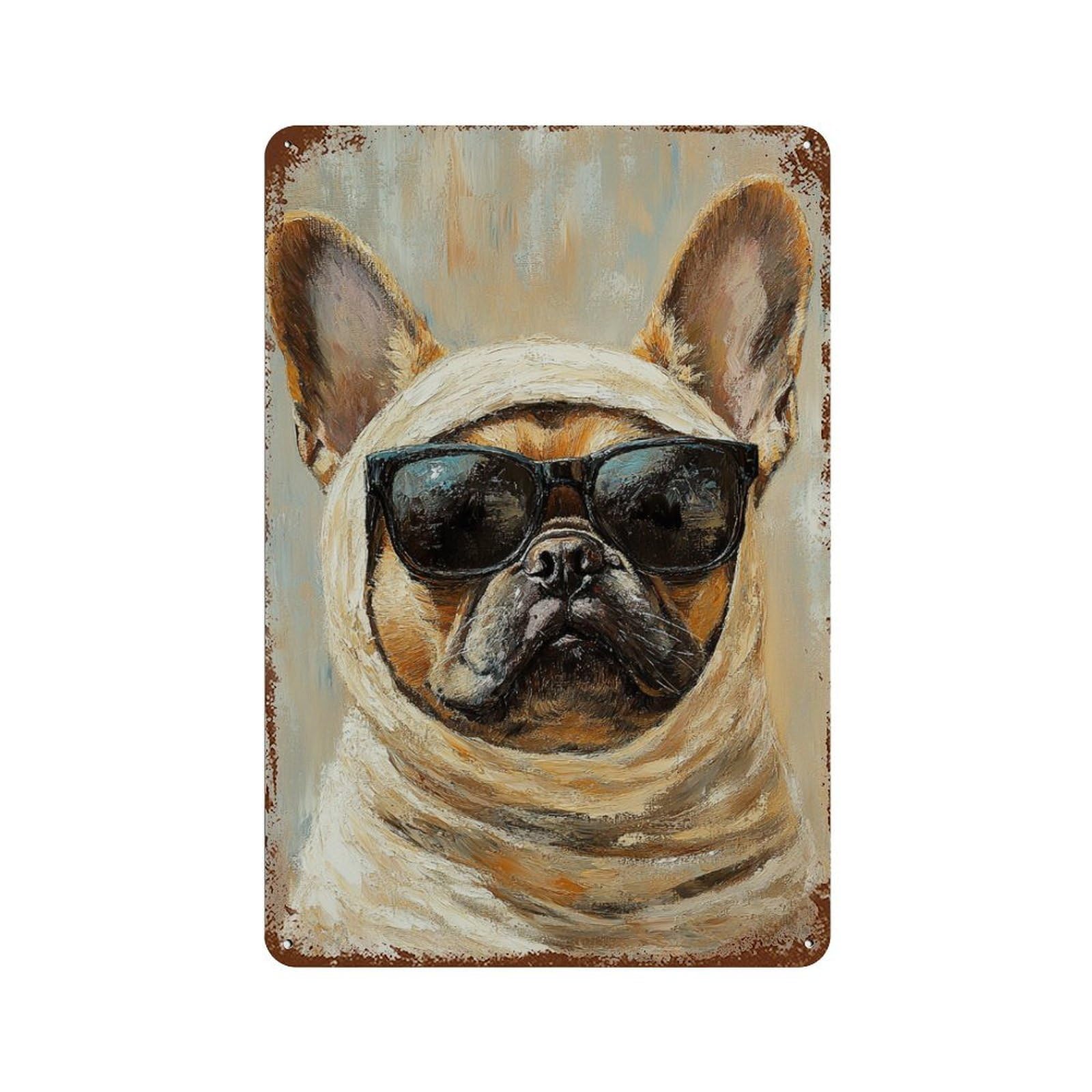 Retro Metal Sign with Stylish French Bulldog with Sunglasses Design 11.8"x7.9", for Bistro, Counter And Cafe Decor, Shabby Chic Decor