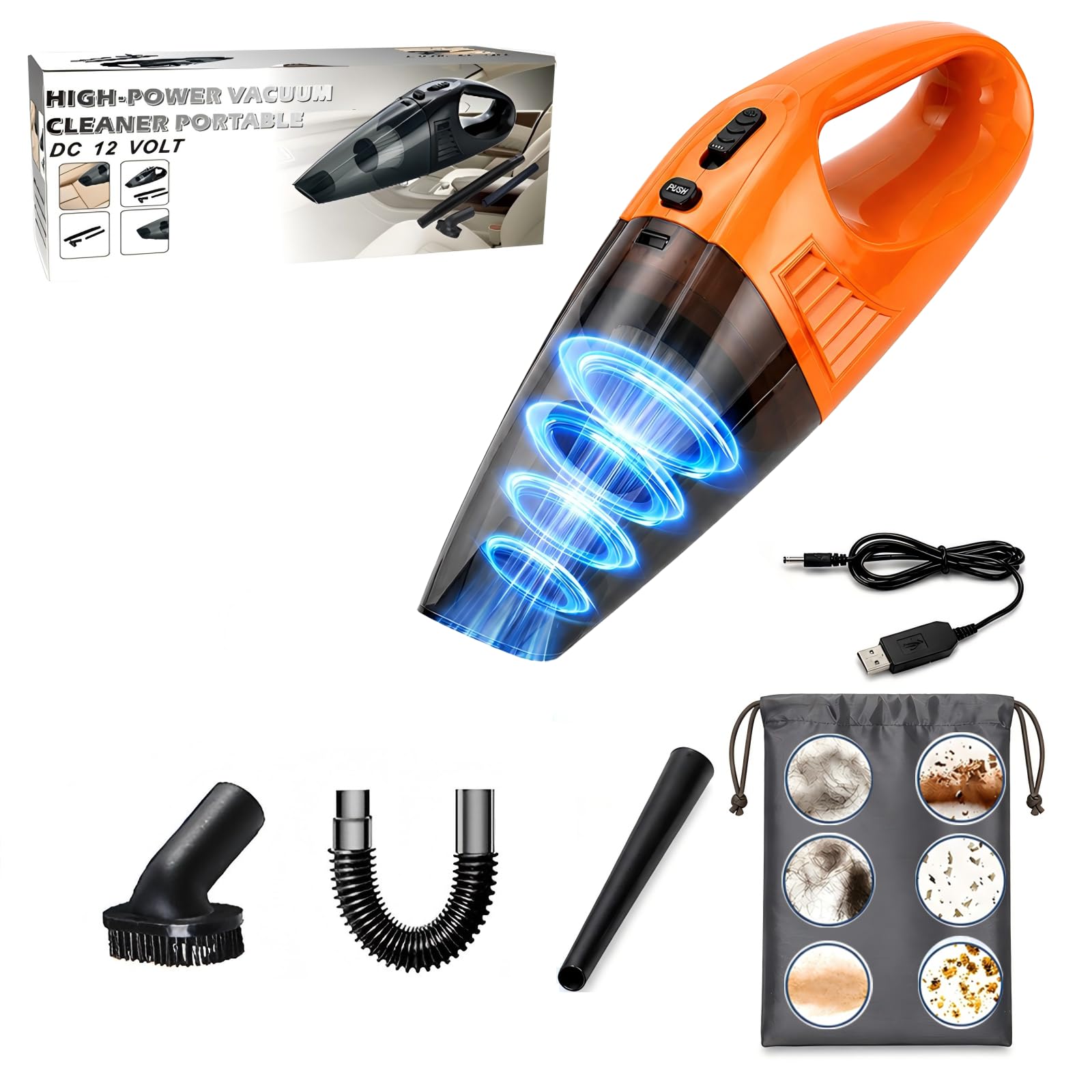 Handheld Vacuum Cleaner Car Vacuum Cleaner Cordless USB Rechargeable 3300mbar Powerful Suction Portable Mini Hoover with Storage Bag and Multiple Accessories for Home Car Pet Hair Cleaning