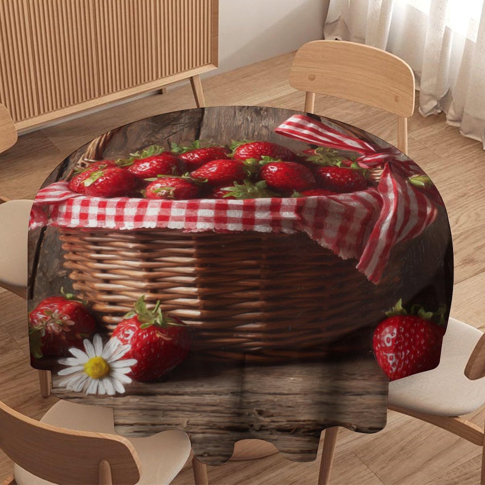 LUYYSKY Beautiful Watercolor Fruit Strawberry Waterproof Round Tablecloth Retro Aesthetic Wooden Board Daisies Floral Strawberry Washable Table Cover for Kitchen-127 Wx127 L cm