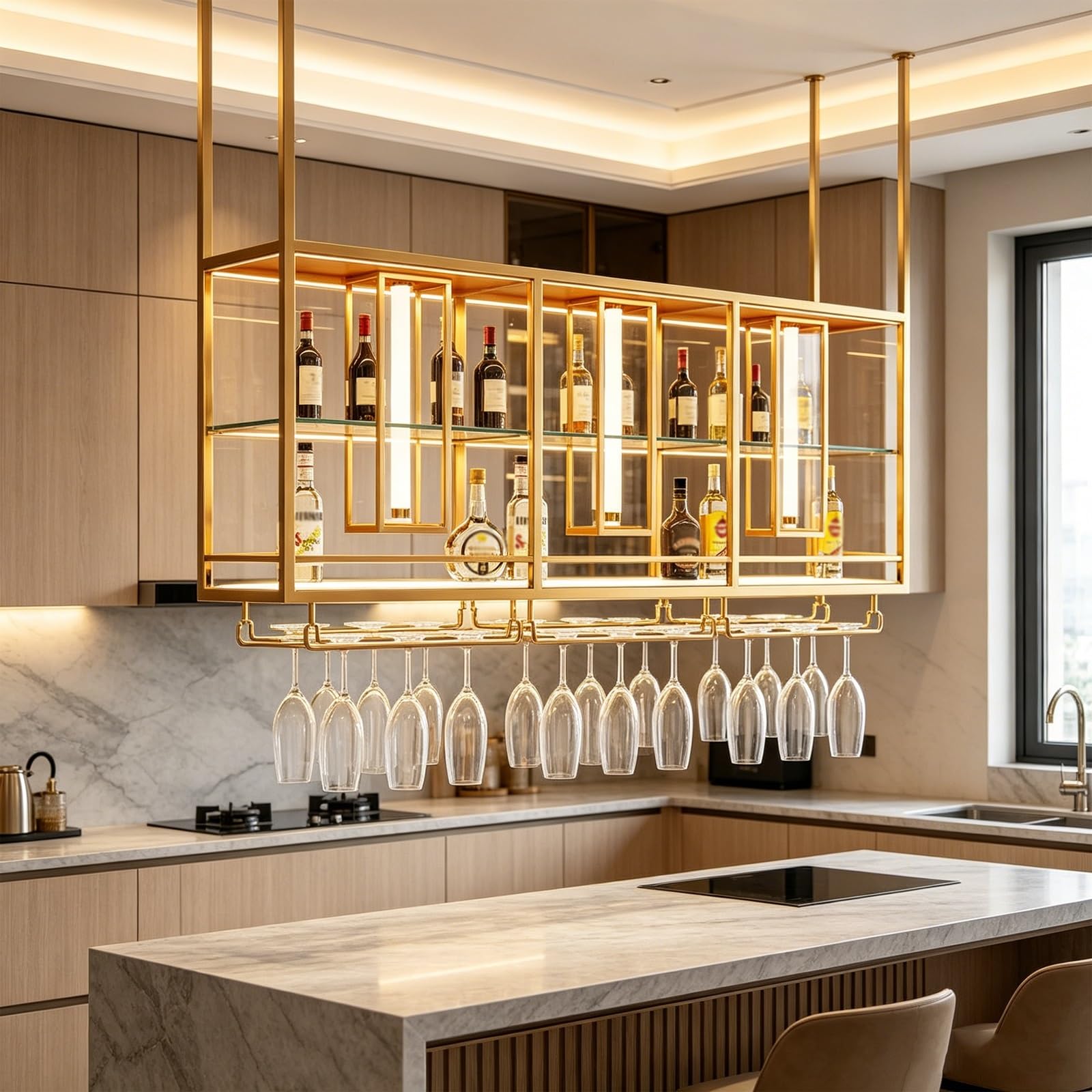 ASYJVWYZ Hanging Bar Shelf, Ceiling Wine Rack With Glass Holder, Gold Finished Floating Liquor Display For Kitchen And Bar Area