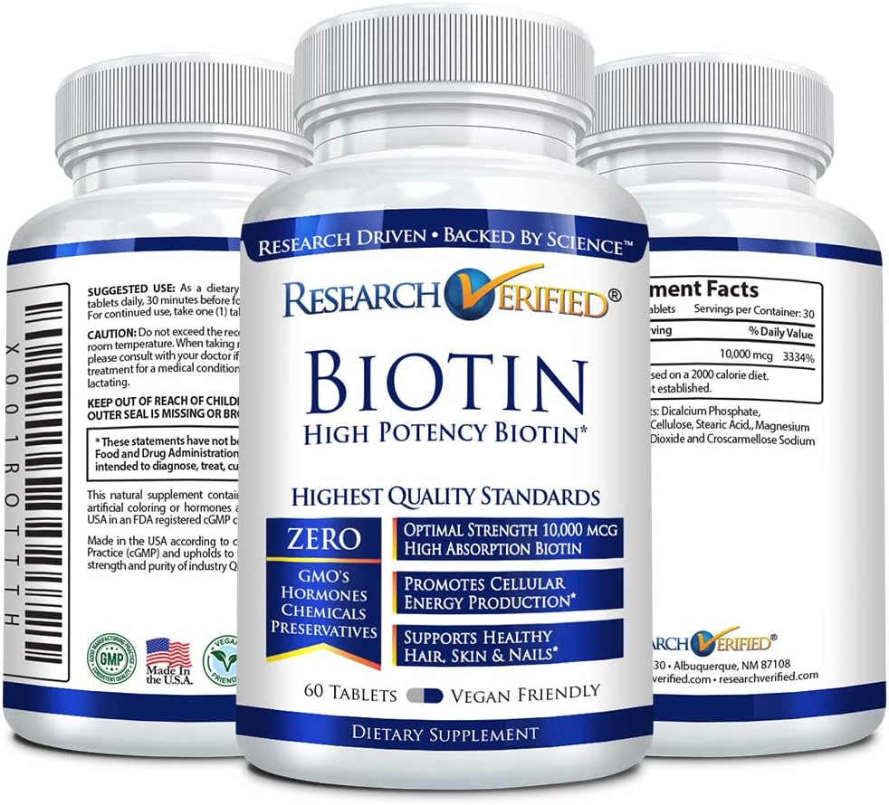 Research Verified Biotin – Pure Biotin Extra Strength 10,000mcg for Improved Hair, Skin and Nail Health - 180 Vegan Tablets, Made in USA