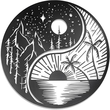 PTSGCAI 12 Inches Moon Sun and Stars Wall Plaque Metal Tree Life Wall Art Rustic Metal Yin Yang Sign Forest Trees and Mountains Wall Hangings Decor for Interior Outdoor Decoration
