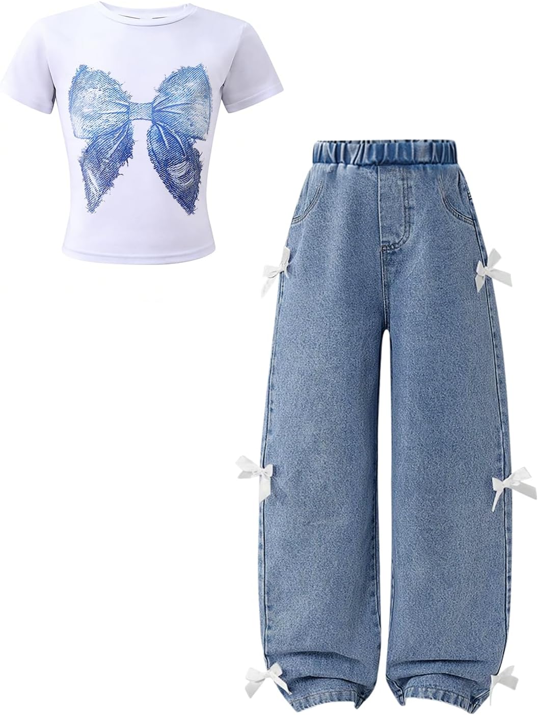 Girls Summer Clothes 2 Piece Outfits Bow Print T-Shirt and Ribbon Bow Wide-Leg Jeans Cute Clothing Set