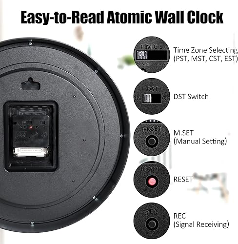 Miniatura 5 de Geevon Reloj de pared analógico atómico de 12 pulgadas, funciona con pilas, reloj atómico fácil de leer para cocina, escuela, aula, sala de estar