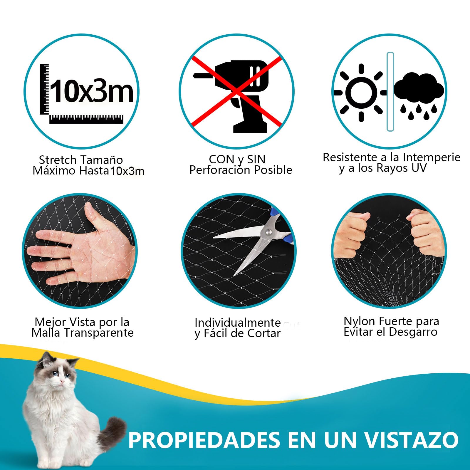 Red para gatos para balcón sin taladrar, 10 x 3 m, rejilla para gatos para ventanas, red de protección transparente para gatos para asegurar balcones, terrazas, ventanas, escotillas de techo