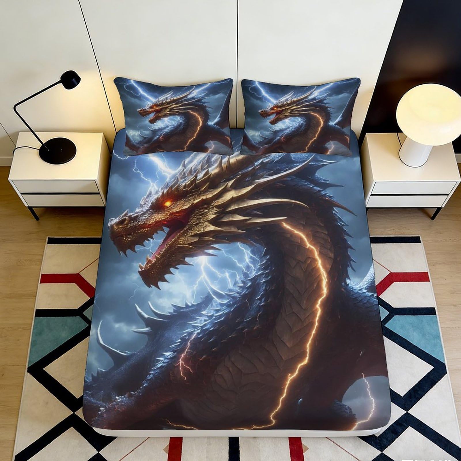 3D Printed Dragon Fitted Sheet Microfiber Deep Pocket Non-Slip Dragon Mattress Fitted Cover Washable Adult Teen 140x200x25cm