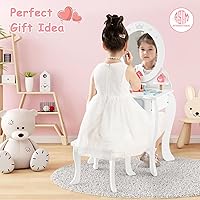 Vista 7 de HONEY JOY Vanity - Juego de mesa y silla de maquillaje de madera para niños, 10 piezas de accesorios de vestidor, espejo de princesa de tres