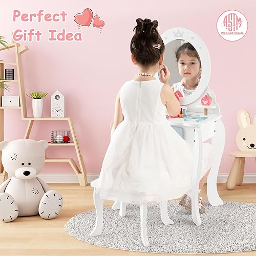 Miniatura 7 de HONEY JOY Vanity - Juego de mesa y silla de maquillaje de madera para niños, 10 piezas de accesorios de vestidor, espejo de princesa de tres